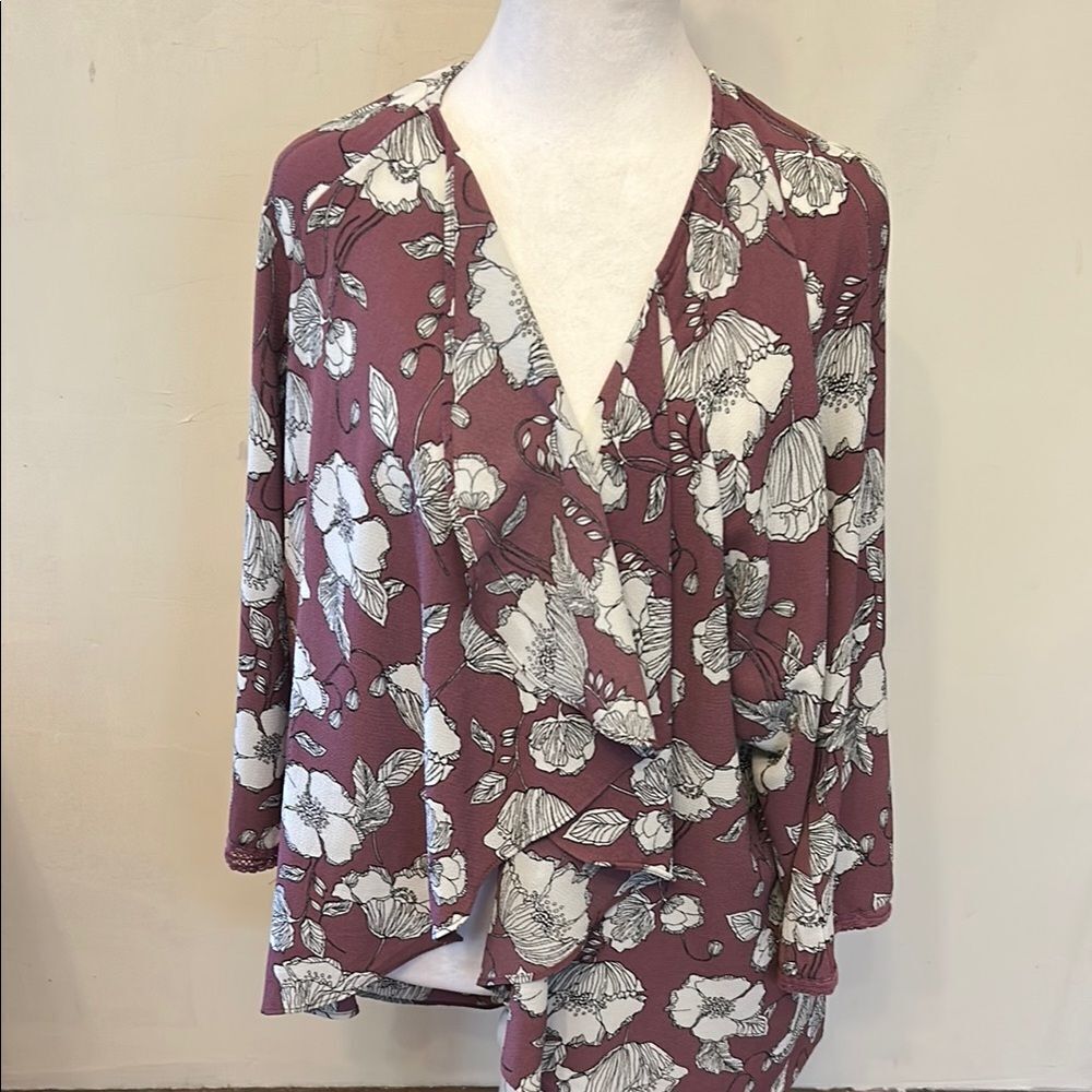 Cameo Appearance mauve white floral open lightweight cardigan Size 1X EUC